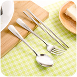 居家家 便携式学生餐具套装 韩式不锈钢长柄小勺子筷子叉子三件套