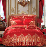 婚庆床品 全棉四件套奢华刺绣大红色十件套床单床盖式结婚用1.8m