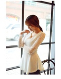 2015春新款韩版蕾丝长袖雪纺衫修身显瘦v领上衣中长款气质打底衫