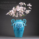 蓝色陶瓷花瓶 美式乡村风格地中海北欧花插 客厅家居软装饰品摆件