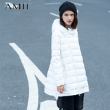 Amii冬季中长款连帽大码外套白鸭绒拉链修身纯色长袖轻薄女羽绒服