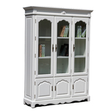 实木书柜三门大书柜子 欧式象牙白雕花 法式书房家具橡木书柜