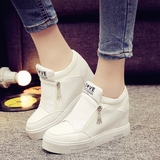 韩版内增高白色高帮运动鞋女双侧拉链防滑底坡跟16春季学生单鞋潮