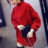 大红色毛衣女中长款高领韩版宽松套头针织衫西瓜打底休闲修身甜美