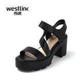 Westlink/西遇2016夏季新款 头层牛皮防水台魔术贴高跟露趾女凉鞋
