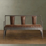 美式做旧软皮沙发 铁艺实木长椅咖啡椅休闲椅子复古双人椅