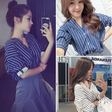 2016韩版慵懒风条纹衬衫女春装新款前后V领小清新宽松七分袖衬衣