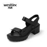 Westlink/西遇2016夏季新款 头层牛皮魔术贴粗跟高跟防水台女凉鞋