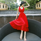 V领露背海边度假波西米亚沙滩裙 超大摆吊带长裙复古红色连衣裙夏