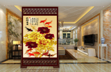 中式现代 屏风时尚卧室客厅玄关隔断实木镂空单扇座屏 牡丹九鱼图