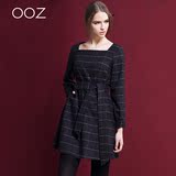 ooz2016新款秋冬季加厚毛呢连衣裙中长款a字修身收腰格子打底裙子