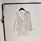 秋装新品韩版时尚V领套头灯笼袖竖条纹前短后长宽松衬衣女衬衫