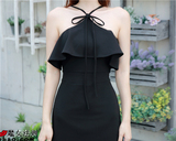 2016夏季新款女装韩版性感荷叶边挂脖系带修身紧身显瘦包臀连衣裙
