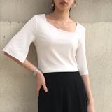 韩国ulzzang2016夏装新款韩范修身显瘦开叉斜领五分袖T恤打底衫女