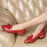春季新款红色真皮蝴蝶结平跟单鞋女鞋纯皮低跟尖头小码女皮鞋婚鞋