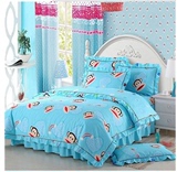 全棉卡通儿童床裙床罩四件套纯棉蓝色荷叶边1.2米1.5m1.8床上用品