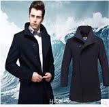海蓝之家2014冬装新款男士毛呢大衣男中长款男装修身韩版呢子外套