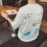 港仔夏季韩版男士短袖T恤潮流日系小清新青少年休闲落肩袖体恤衫