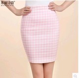 2015秋新款 粉色格子职业ol显瘦包臀半身裙 羊毛呢子修身休闲短裙
