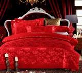 欧式大红结婚四件套喜庆玫瑰花贡缎提花四件套婚庆床上用品六件套