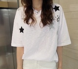 2016韩国代购Niponjjuya夏新款韩版宽松中长款星星亮片中袖女T恤