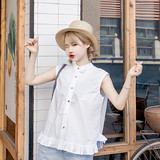 夏季新款韩版宽松立领无袖衬衫上衣 韩范百搭显瘦白色衬衣女学生
