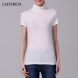 ladybox莫代尔T恤短袖高领打底衫女中长款韩版修身简约大气上衣