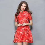 梵洛施女装夏装2016新款红色立领修身中国风印花优雅古典连衣裙