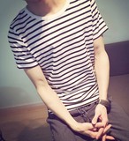 2015潮流夏装男士日系条纹海魂衫韩版圆领纯棉青年男生短袖T恤潮