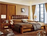 中式实木双人床1.8米皮软靠榻榻米婚庆床1.5米实木床柚木色床爆款