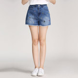 2016年夏装新款纯棉印花图案阔腿高腰修身显瘦宽松牛仔短裤女