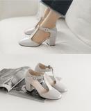 韩国代购16春新款欧美时尚漆皮亮面T型一字带粗跟单鞋女
