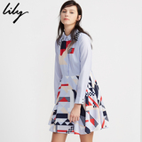 Lily2016春装新款专柜正品拼色衬衫领收腰长袖连衣裙115110L7366