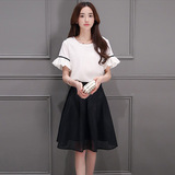 2016夏时尚韩版新款短袖雪纺白色上衣配黑色娄空蓬蓬裙超值两件套
