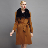2015新款女士羊毛呢尼克服高端皮草长款外套水貂内胆大衣翻领系带