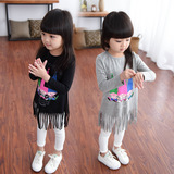 韩版休闲T恤女童卡通小人长袖中长款打底衫儿童流苏上衣