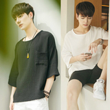夏季韩版男士短袖半截袖T恤青年宽松棉麻亚麻中袖七分袖体恤男潮