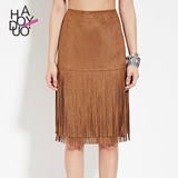Haoduoyi2016夏装新款  个性层叠流苏下摆包臀裙高腰麂皮绒半身裙