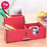 一件包邮 韩国文具 DIY木质多功能 三格组合收纳盒/笔筒 限时优惠