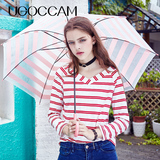 预售UGOCCAM2016秋季新款女装百搭简约V领长袖套头条纹女针织衫