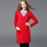 秋装新款欧美女装大红色中长款毛衣女士时尚开叉外套针织开衫包邮