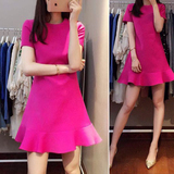 韩国代购2015夏季女装新款小香风荷叶边鱼尾中裙短袖修身连衣裙女