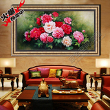 纯手绘欧式花卉油画牡丹花开富贵客厅卧室玄关样板房间有框装饰画