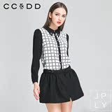 C10CCDD正品承诺2015款黑白格长袖衬衫钉珠镶钻百搭雪纺衫冲钻