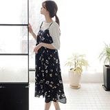 韩国代购 Cherrykoko正品文艺浪漫复古花朵印染吊带连衣裙