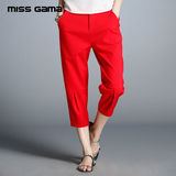 MISS GAMA2016夏装新款大码女装纯色中腰休闲女裤抽褶九分直筒裤