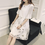 2016春夏新款韩版女装雪纺短袖气质印花欧根纱连衣裙中长两件套装