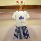 妃语欧洲站2016夏装欧货潮短袖显瘦蓝白条纹卡通绣花连衣裙两件套