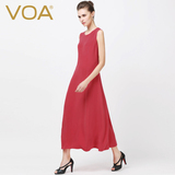 VOA 2016夏重磅真丝无袖长裙女OL显瘦圆领大红色连衣裙 A5073