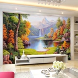3D欧式手绘油画壁画客厅无缝墙布电视背景壁纸山水瀑布定制墙纸